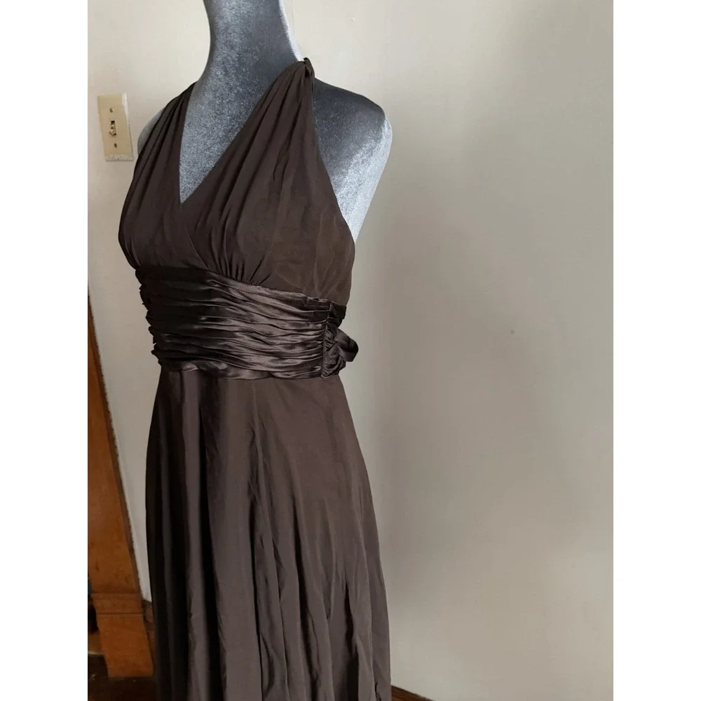 Y2K Silk Chocolate Brown Halter‎ Midi Dress Carry Bradshaw Backless Romantic 8